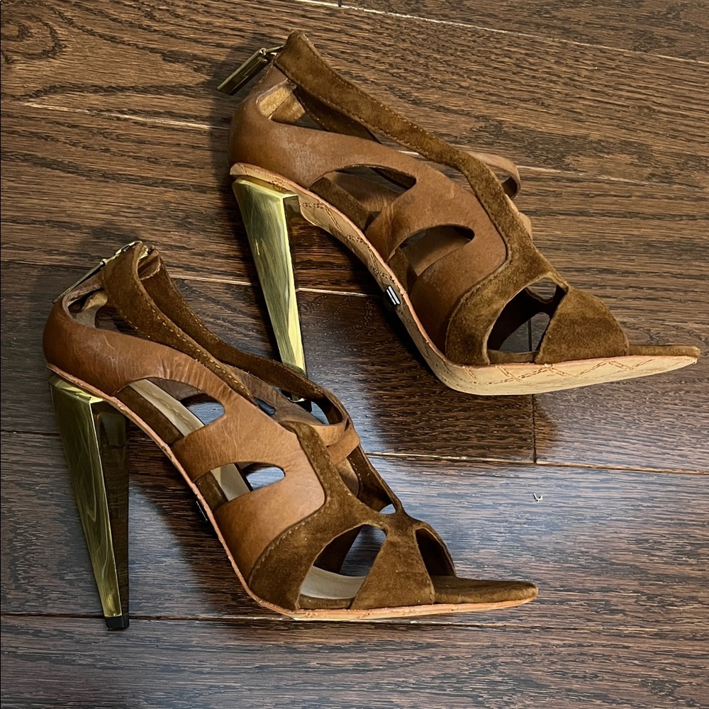 L.A.M.B. Brown and Gold Strappy Heels
